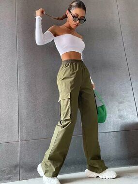 SHEIN Army Green High Waist Flap Pocket Cargo Pants L